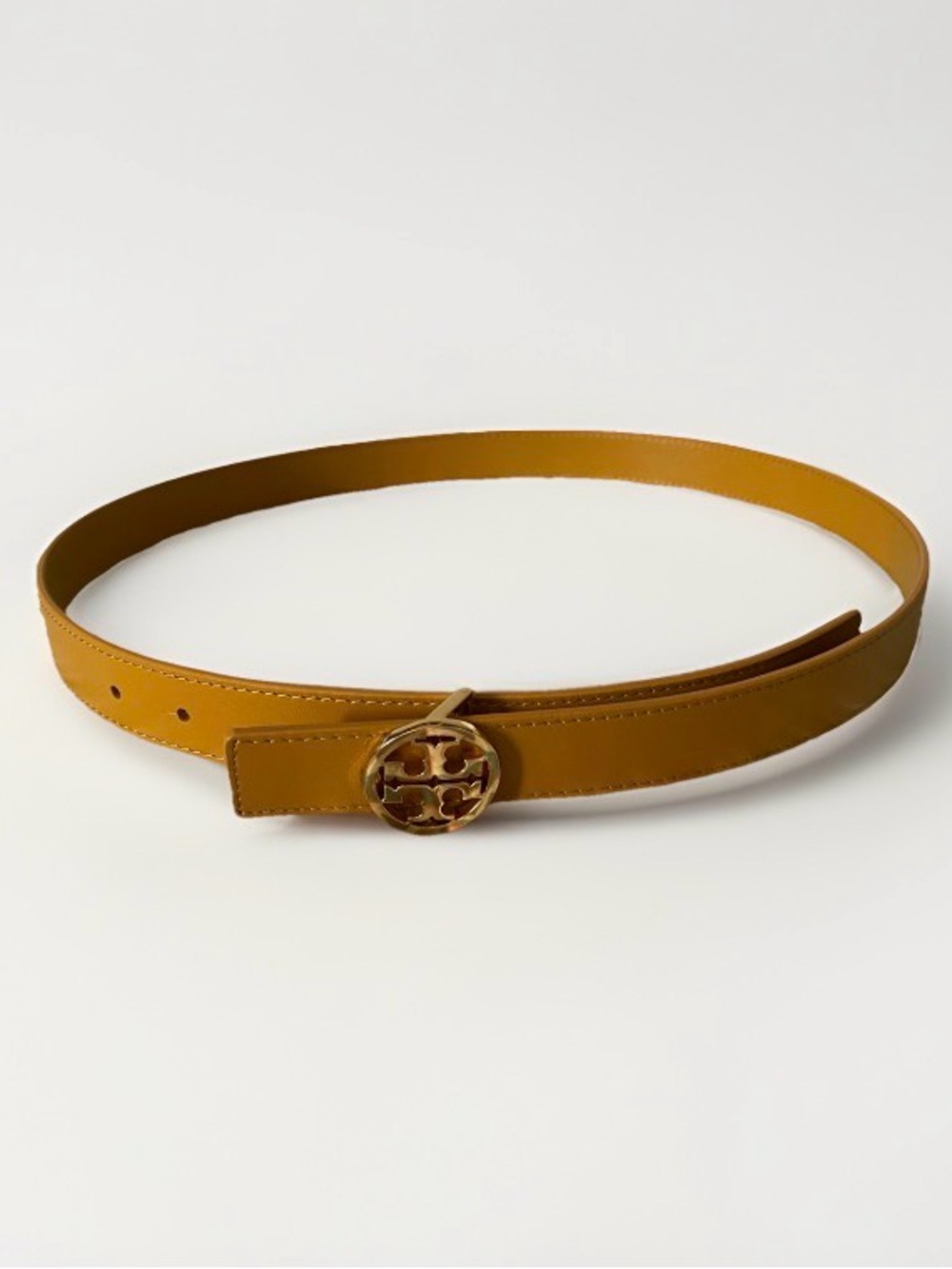 NWOT Tory Burch Mustard Yellow Leather Belt with Gold Logo Buckle